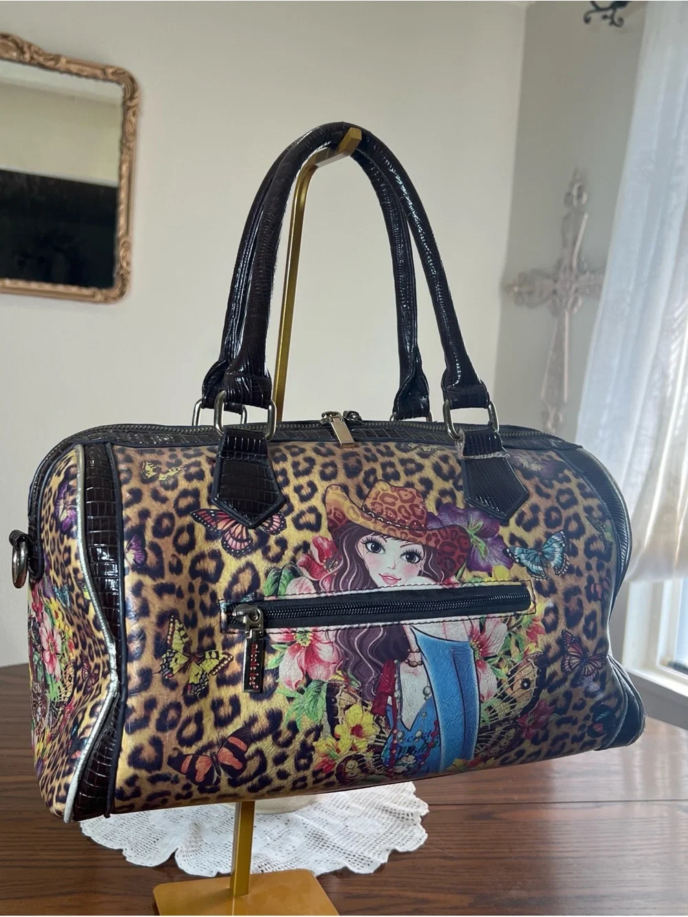 Nicole Lee Leopard Cowgirl Print Satchel Handbag - Brown, Pink, Blue